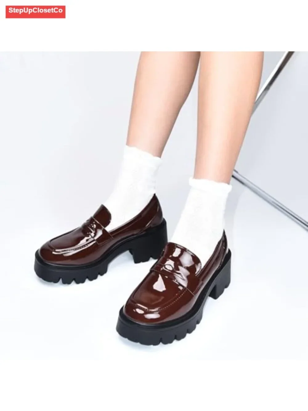 Black Patent Leather Platform Loafers for Women Chunky Slip On Comfort Shoes